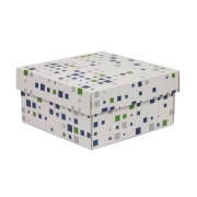 Dárková krabička s víkem 200x200x100/40 mm, VZOR - KOSTKY zelená/modrá