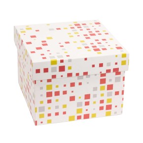 Dárková krabička s víkem 200x200x150/40 mm, VZOR - KOSTKY korálová/žlutá