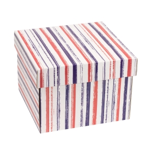 Dárková krabička s víkem 200x200x150/40 mm, VZOR - PRUHY fialová/korálová