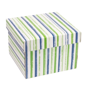 Dárková krabička s víkem 200x200x150/40 mm, VZOR - PRUHY zelená/modrá