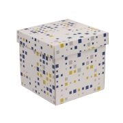 Dárková krabička s víkem 200x200x200/40 mm, VZOR - KOSTKY modrá/žlutá