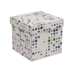 Dárková krabička s víkem 200x200x200/40 mm, VZOR - KOSTKY zelená/modrá