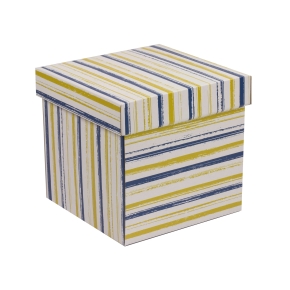 Dárková krabička s víkem 200x200x200/40 mm, VZOR - PRUHY modrá/žlutá