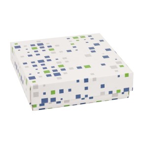 Dárková krabička s víkem 200x200x50/40 mm, VZOR - KOSTKY zelená/modrá