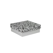 Dárková krabička s víkem 200x200x70/35 mm, šedá se vzorem lístky, černé Dárková krabička s víkem 200x200x70/35 mm, šedá se vzorem lístky, černé