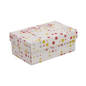 Dárková krabička s víkem 250x150x100/40 mm, VZOR - KOSTKY korálová/žlutá