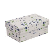Dárková krabička s víkem 250x150x100/40 mm, VZOR - KOSTKY zelená/modrá