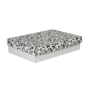 Dárková krabička s víkem 330x220x70/35 mm, šedá se vzorem lístky, černé Dárková krabička s víkem 330x220x70/35 mm, šedá se vzorem lístky, černé